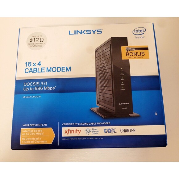 Linksys Cable Modem CM3016, Intel 16x4 DOCSIS 3.0 Up to 686 Mbps in Black - Picture 1 of 2